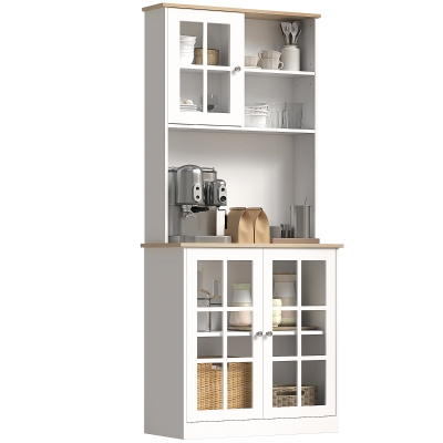 HOMCOM Buffet Cuisine 3 Portes Vitrine Verre MDF Blanc Chêne
