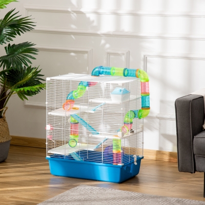 PawHut Jaula para Hámster con Túnel Plataformas Cuenco Bebedero Casita Rampas y Rueda de Ejercicio 59x36x69 cm Azul