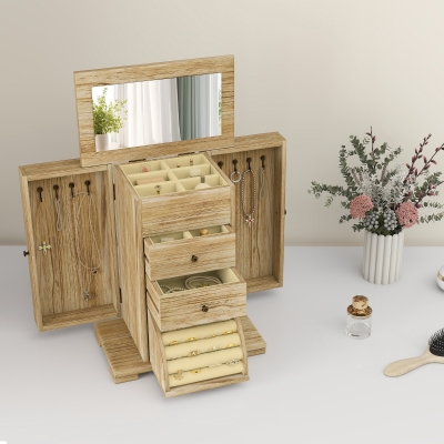 HOMCOM Joyero de Madera de 4 Niveles Joyero Mujer Organizador con 2 Cajones Espejo para Pendientes Anillos Collares Natural