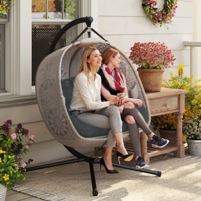 Outsunny Hängesessel mit Gestell, Eiförmiger Hängeschaukel mit abnehmbarem waschbarem Kissen, Hängematte für 2 Personen, Schaukelsessel Indoor Outdoor, Sand+Schwarz