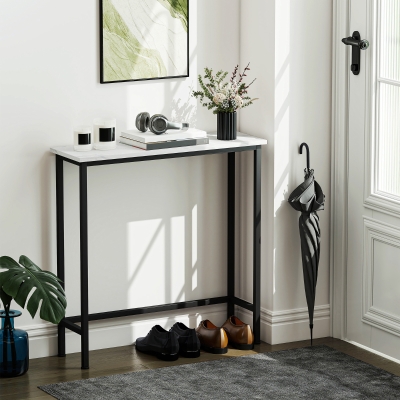 HOMCOM Consola Recibidor Estrecha con Superficie con Efecto Mármol y Marco de Metal 75x24x76 cm Blanco y Negro