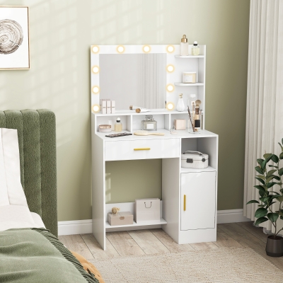 HOMCOM Mesa de Maquillaje con Espejo y 10 Luces LED Luminosidad Ajustable Cajón Armario y Estantes Abiertos 80x40x135 cm Blanco