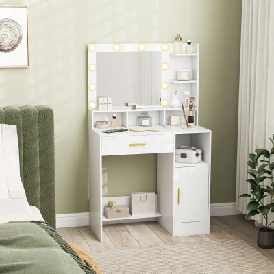 HOMCOM Mesa de Maquillaje con Espejo y 10 Luces LED Luminosidad Ajustable Cajón Armario y Estantes Abiertos 80x40x135 cm Blanco