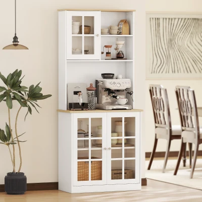 HOMCOM Buffet Cuisine 3 Portes Vitrine Verre MDF Blanc Chêne