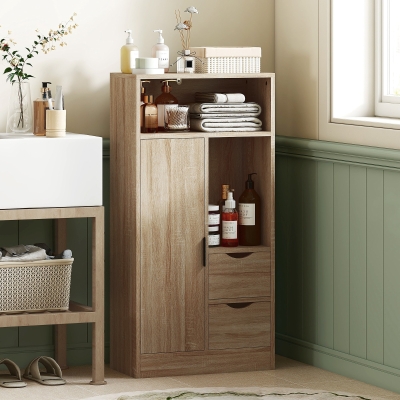 HOMCOM Armario de Baño con 2 Cajones Compartimento Abierto y Estantes Ajustables para Espacio Pequeño 50x25x100 cm Natural