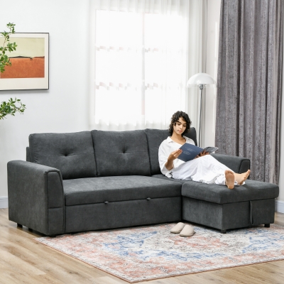 HOMCOM 3-Zit Slaapsofa met bedfunctie, slaapbank met chaise longue, gestoffeerde bank, Donkergrijs