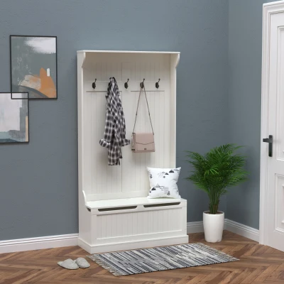 HOMCOM Garderobe mit Sitzbank, 5 Kleiderhaken, 1 Stauraum, Wandgarderobe, Weiß + Schwarz