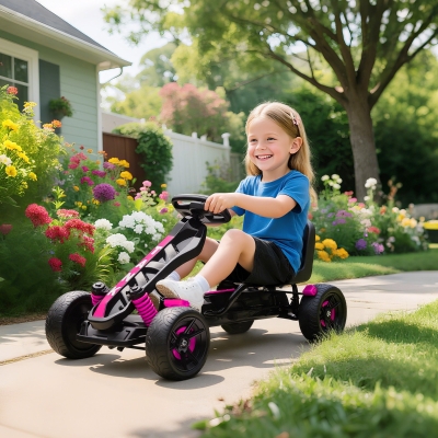AIYAPLAY Kart a pedales para niños, karting infantil 3 a 6 años con embrague automático, freno, ruedas EVA antideslizantes, rosa