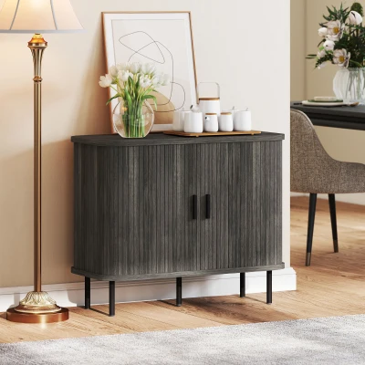 HOMCOM Modern Sideboard Cabinet Tambour Doors Grey