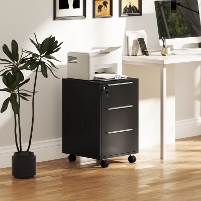 HOMCOM Caisson Bureau 3 Tiroirs Serrure Noir 40x40x63,5 cm