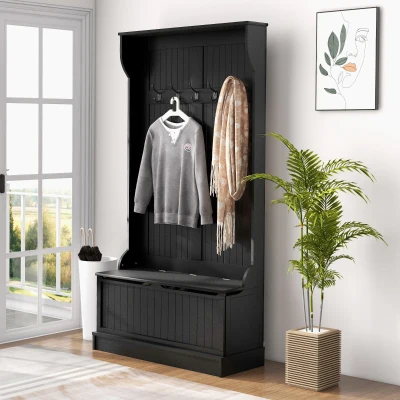 HOMCOM Perchero Zapatero con Banco de Almacenamiento y 5 Ganchos Estilo Moderno 96x34x179,7 cm Negro