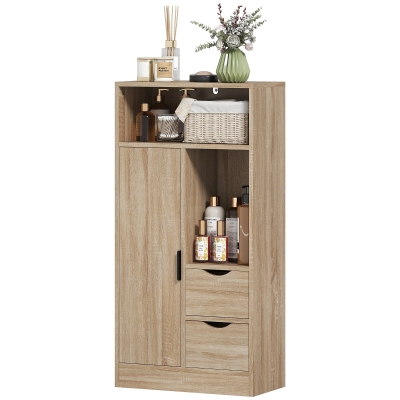 HOMCOM Badezimmerschrank mit 2 Schubladen, offenem Fach und verstellbaren Regalen für kleinen Raum 50x25x100 cm Natur