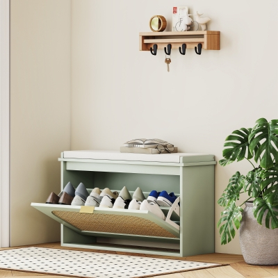 HOMCOM Boho Shoe Bench with Flip-Drawer Light Green