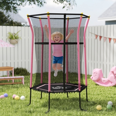 HOMCOM Cama Elástica Infantil Trampolín para Niños +3 Años con Red de Seguridad Ø163,5x190 cm Rosa