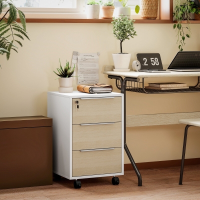 HOMCOM Caisson Bureau 3 Tiroirs Serrure Roulettes Chêne 40x40x63,5cm