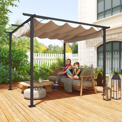 Outsunny Pérgola de Jardín 3x3m Gazebo Cenador para Exterior con Techo Retráctil Tela Poliéster Impermeable y Anti-UV para Patio Terraza Beige