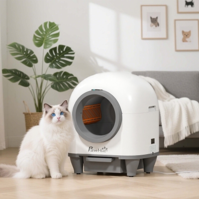 PawHut Bandeja de Arena Autolimpiante para Gatos 1-5 kg con Contenedor de Fragancia y Bolsas, en PP, 55.5x51x58.5 cm, Blanco y Gris