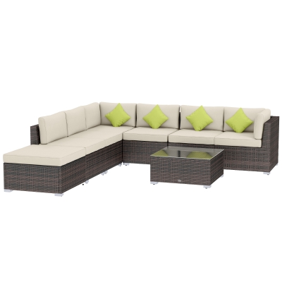 Outsunny 8 Piece Rattan Corner Sofa Set with Wide & Deep Seat, Assembled Aluminium PE Rattan Garden Furniture Set with Thick Cushions and Glass Top Table for Outdoor, Conservatory, Mixed Brown