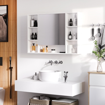 kleankin Armario de Baño de Pared con Espejo Puerta Estantes Abiertos 100x15x70 cm Blanco