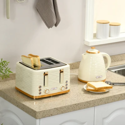 HOMCOM 2-in-1 Broodrooster en Waterkoker Set, 7 Bruningsniveaus, Ontdooi- en Opwarmfunctie, Beige
