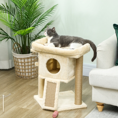 PawHut Rascador con alfombra rascadora de yute plataforma para dormir pelota de juego casa para gatos Beige 40x40x57 cm