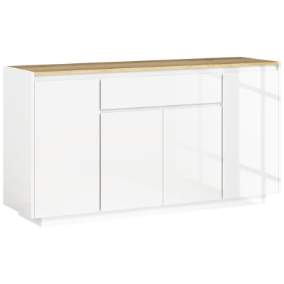 HOMCOM Aparador de Salón con 4 Puertas Cajón y Estantes Ajustables 140x40x75 cm Natural y Blanco Brillo