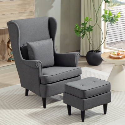 HOMCOM Sillón con Reposapiés Respaldo Alto Capitoné Patas de Madera Almohada Acolchada y Tapizado en Lino Gris
