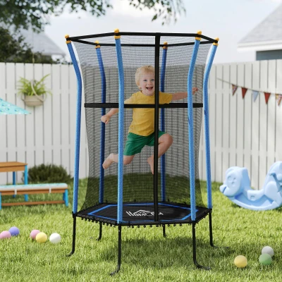 HOMCOM Trampolin für Kinder, Ø163,5 cm, mit Sicherheitsnetz, gepolstert, Stahl, belastbar bis 50 kg, Schwarz & Blau