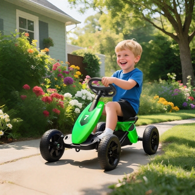 AIYAPLAY Kart a pedales para niños, karting para niños de 2 a 5 años con ruedas EVA silenciosas, avance y retroceso, verde