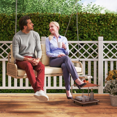 Outsunny Hollywoodschaukel 2-Sitzer Rattan Gartenschaukel mit Kissen Ketten bis 240 kg 115 x 66 x 44 cm Beige