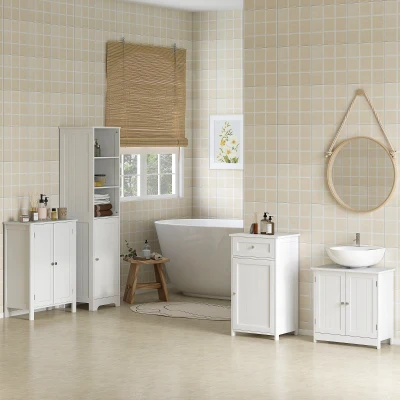 kleankin Armario Alto de Baño de 5 Niveles Columna Auxiliar de Baño con 3 Estantes 1 Puerta y Balda Ajustable 40x38x160 cm Blanco