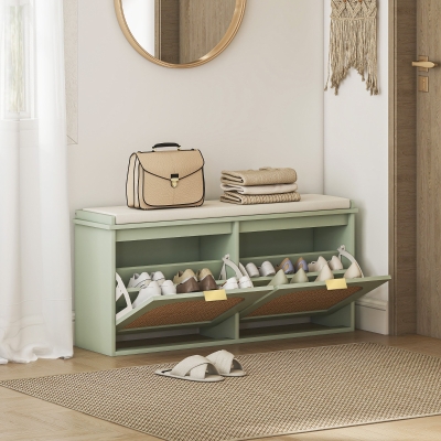 HOMCOM Boho Shoe Bench 2 Flip-Drawers Padded Seat Green