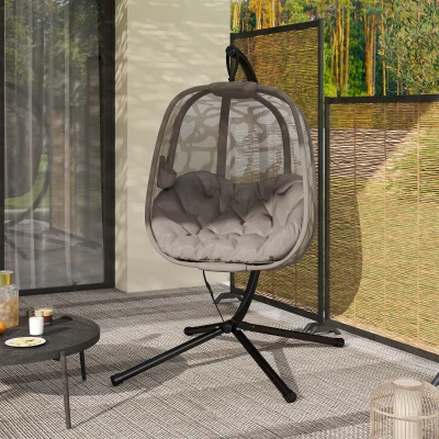 Outsunny Cadeirão Suspenso com Suporte de Aço Cadeira Suspensa com Cesto Dobrável e Almofadas para Interior e Exterior 126x96x172cm Cor Areia