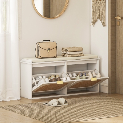 HOMCOM Boho Shoe Bench 2 Flip-Drawers Padded Seat White
