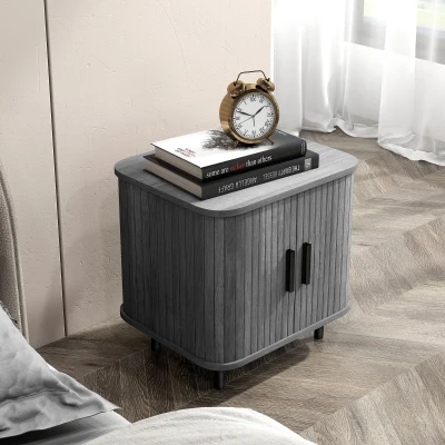 HOMCOM Nordic Bedside Table Sliding Doors Grey