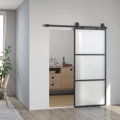 HOMCOM Puerta Corredera de Cristal con Herrajes Mecanismo Cierre Suave para Baño Salón 91,4x203,2 cm Negro