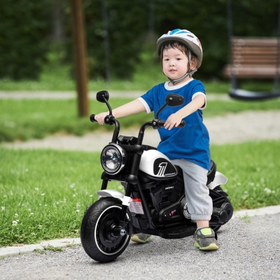 HOMCOM Moto Eléctrica para Niños de 18-36 Meses con Batería 6V Faro y Ruedas Auxiliares Desmontables Blanco