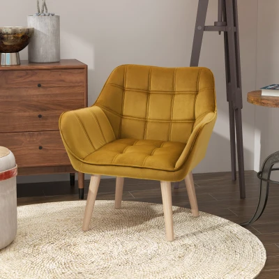 HOMCOM Polstersessel, Akzentsessel, Skandi Design, Samtoptik, bis 120 kg, Kautschukholzbeine, Gelb