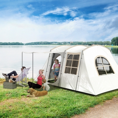 Outsunny 3-4 Man Tunnel Camping Tent Portable Khaki