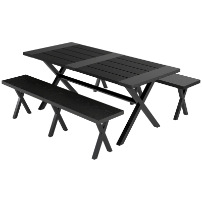 Outsunny Bierzeltgarnitur für 6 Personen, wetterfest, Holzoptik, Alurahmen, Schwarz
