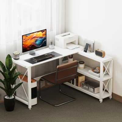 HOMCOM Reversibler modularer Eckschreibtisch mit Stauraum, Regal, Metallrahmen, 135x110x75cm, Weiß