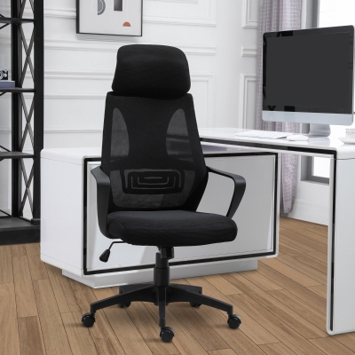 Vinsetto Silla de Escritorio Ajustable con Reposabrazos Reposacabezas y Función Basculante Carga 120 kg 64x55x116-126 cm Negro