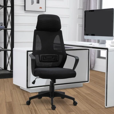 Vinsetto Silla de Escritorio Ajustable con Reposabrazos Reposacabezas y Función Basculante Carga 120 kg 64x55x116-126 cm Negro