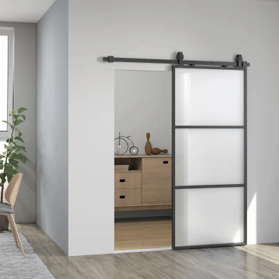 HOMCOM Schiebetür mit Milchglas, Schienensystem, Montagesatz, Soft-Close-Mechanismus, leichter Zusammenbau, Stahl, Schwarz