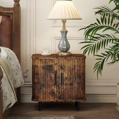 HOMCOM Nordic Bedside Table Sliding Doors Rustic Brown