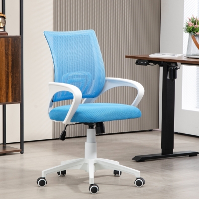 HOMCOM Silla de Escritorio de Malla Giratoria con Altura Ajustable Función de Basculante y Reposabrazos Carga 120 kg Azul Claro