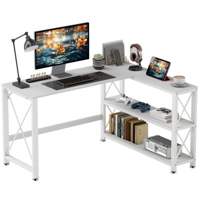 HOMCOM Reversibler modularer Eckschreibtisch mit Stauraum, Regal, Metallrahmen, 135x110x75cm, Weiß
