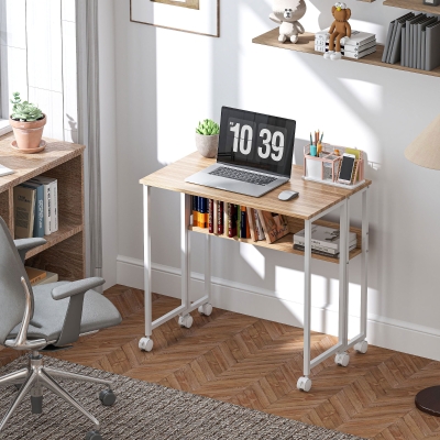 HOMCOM Folding Desk with Storage Shelf Natural Wood