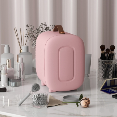 HOMCOM Nevera Pequeña Extrasilenciosa 4L 9V/240V para Enfriar y Calentar Mini Frigorífico 20,3x26,3x28 cm Rosa Palo
