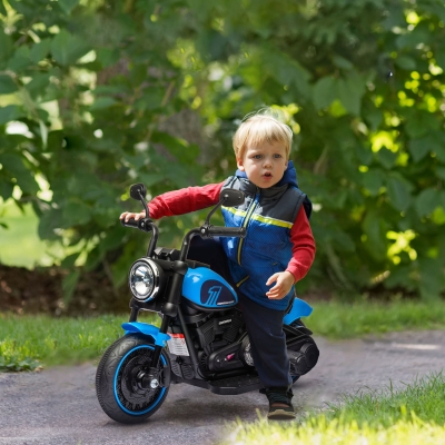 HOMCOM Moto Eléctrica para Niños de 18-36 Meses con Batería 6V Faro y Ruedas Auxiliares Desmontables Azul